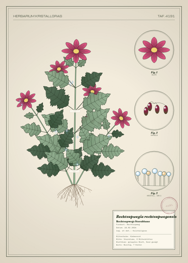 Botanische Tafel: Rechtsupwegia rechtsupwegensis, eine erfundene Pflanze aus Rechtsupweg, gezeichnet wie in einem alten Pflanzenatlas