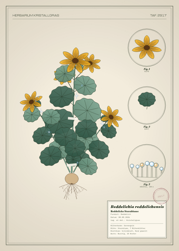 Botanische Tafel: Reddelichia reddelichensis, eine erfundene Pflanze aus Reddelich, gezeichnet wie in einem alten Pflanzenatlas