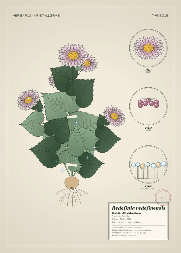 Botanische Tafel: Redefinia redefinensis, eine erfundene Pflanze aus Redefin, gezeichnet wie in einem alten Pflanzenatlas