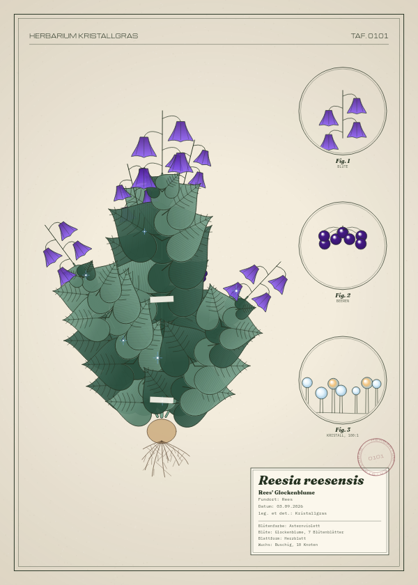 Botanische Tafel: Reesia reesensis, eine erfundene Pflanze aus Rees, gezeichnet wie in einem alten Pflanzenatlas