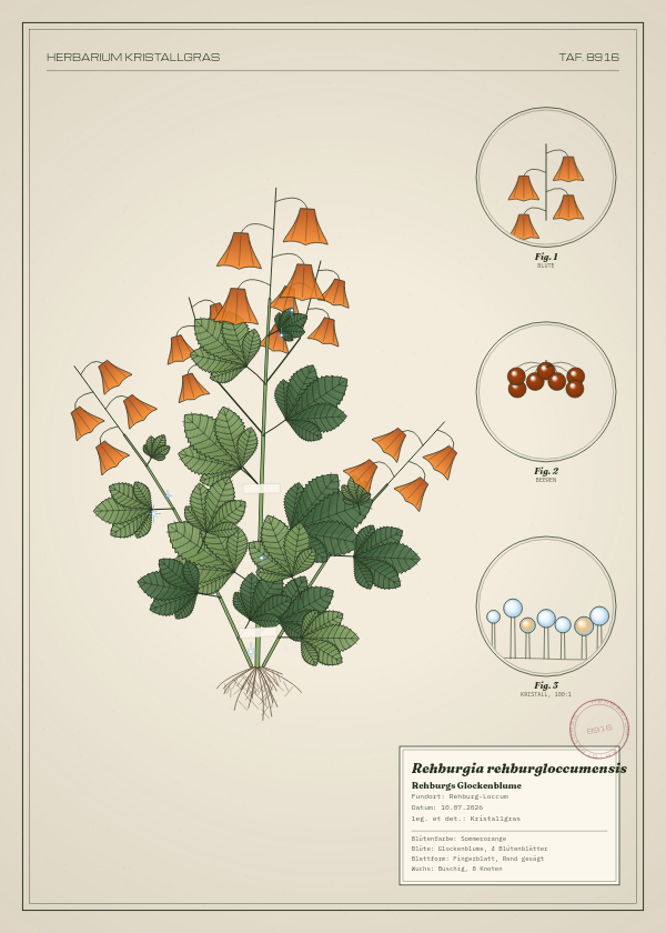 Botanische Tafel: Rehburgia rehburgloccumensis, eine erfundene Pflanze aus Rehburg-Loccum, gezeichnet wie in einem alten Pflanzenatlas
