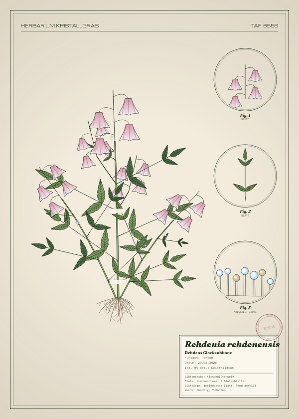 Botanische Tafel: Rehdenia rehdenensis, eine erfundene Pflanze aus Rehden, gezeichnet wie in einem alten Pflanzenatlas