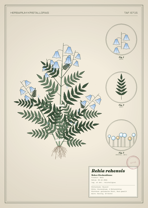 Botanische Tafel: Rehia rehensis, eine erfundene Pflanze aus Rehe, gezeichnet wie in einem alten Pflanzenatlas