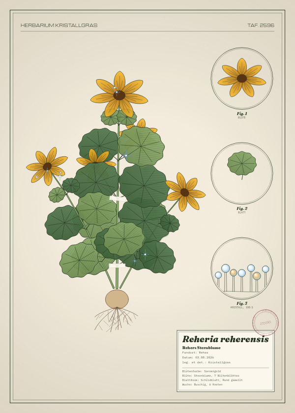 Botanische Tafel: Reheria reherensis, eine erfundene Pflanze aus Reher, gezeichnet wie in einem alten Pflanzenatlas
