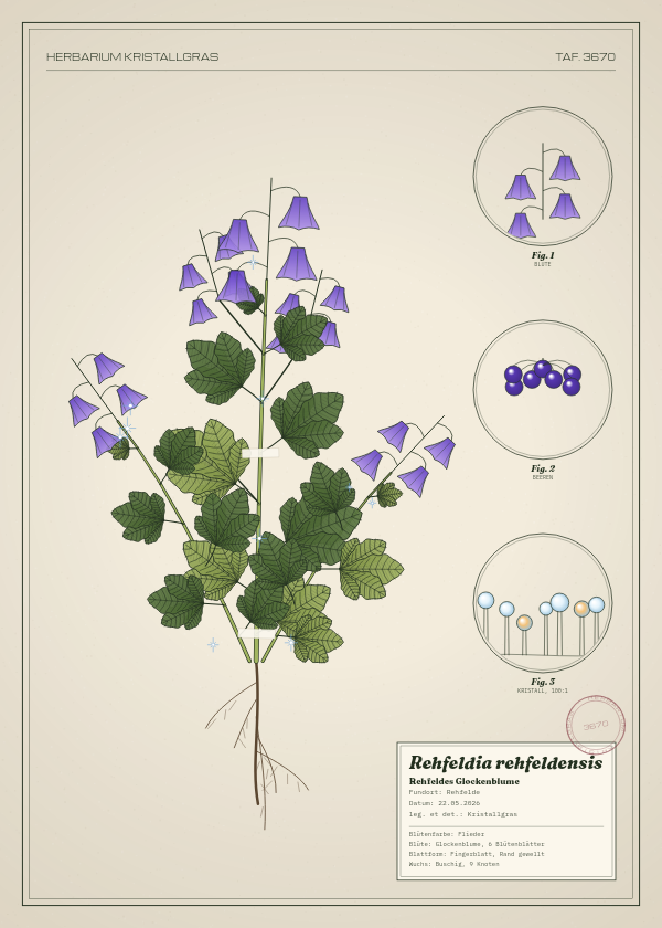 Botanische Tafel: Rehfeldia rehfeldensis, eine erfundene Pflanze aus Rehfelde, gezeichnet wie in einem alten Pflanzenatlas