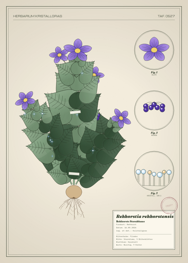 Botanische Tafel: Rehhorstia rehhorstensis, eine erfundene Pflanze aus Rehhorst, gezeichnet wie in einem alten Pflanzenatlas