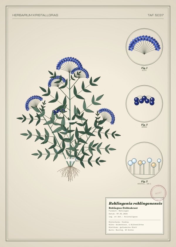 Botanische Tafel: Rehlingenia rehlingenensis, eine erfundene Pflanze aus Rehlingen, gezeichnet wie in einem alten Pflanzenatlas