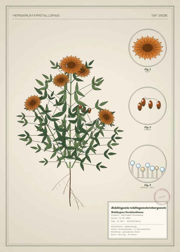 Botanische Tafel: Rehlingenia rehlingensiersburgensis, eine erfundene Pflanze aus Rehlingen-Siersburg, gezeichnet wie in einem alten Pflanzenatlas