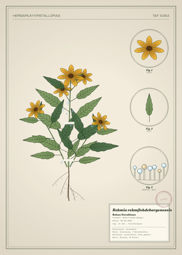 Botanische Tafel: Rehmia rehmflehdebargenensis, eine erfundene Pflanze aus Rehm-Flehde-Bargen, gezeichnet wie in einem alten Pflanzenatlas