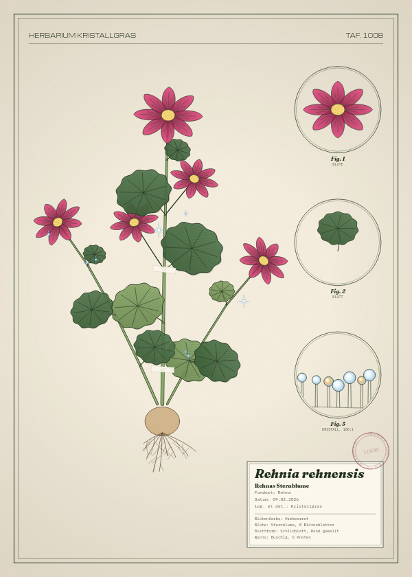 Botanische Tafel: Rehnia rehnensis, eine erfundene Pflanze aus Rehna, gezeichnet wie in einem alten Pflanzenatlas