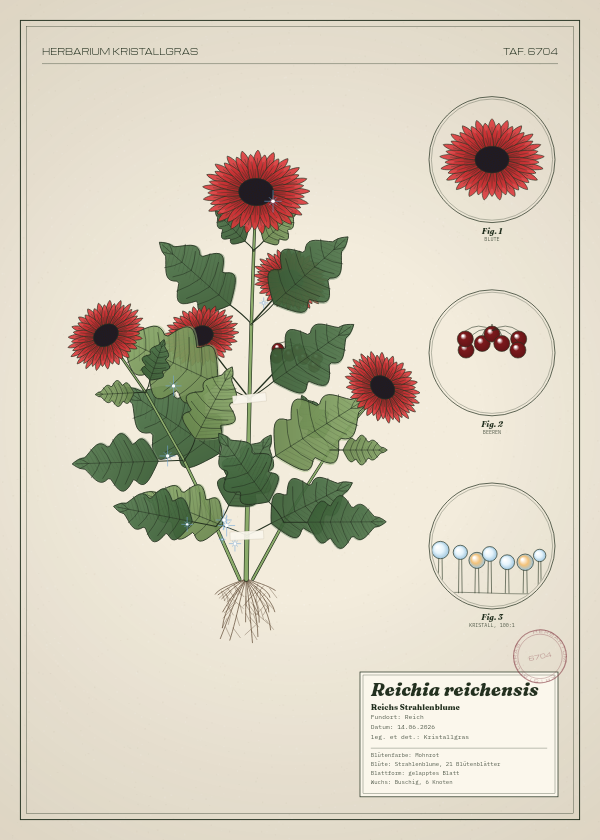 Botanische Tafel: Reichia reichensis, eine erfundene Pflanze aus Reich, gezeichnet wie in einem alten Pflanzenatlas