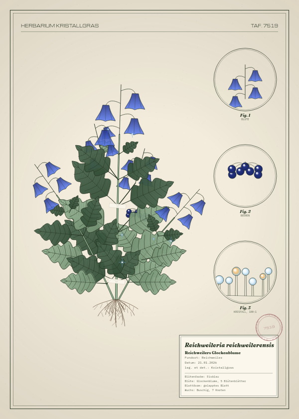 Botanische Tafel: Reichweileria reichweilerensis, eine erfundene Pflanze aus Reichweiler, gezeichnet wie in einem alten Pflanzenatlas