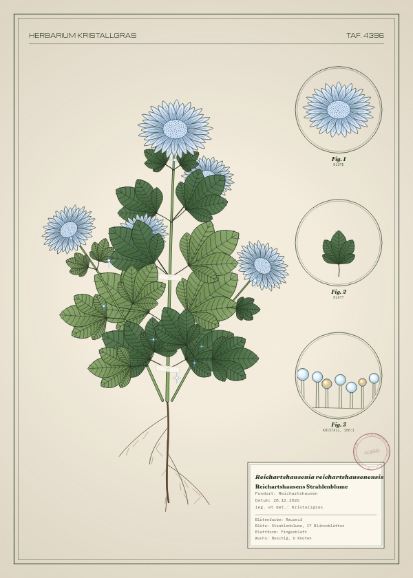Botanische Tafel: Reichartshausenia reichartshausenensis, eine erfundene Pflanze aus Reichartshausen, gezeichnet wie in einem alten Pflanzenatlas