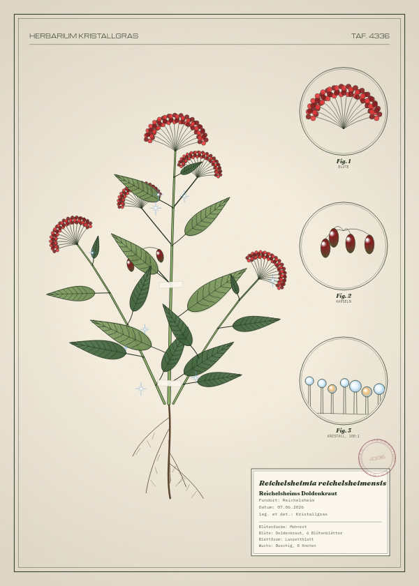 Botanische Tafel: Reichelsheimia reichelsheimensis, eine erfundene Pflanze aus Reichelsheim, gezeichnet wie in einem alten Pflanzenatlas
