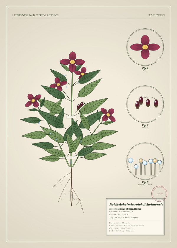Botanische Tafel: Reichelsheimia reichelsheimensis, eine erfundene Pflanze aus Reichelsheim, gezeichnet wie in einem alten Pflanzenatlas