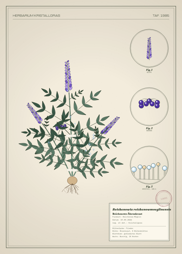 Botanische Tafel: Reichenowia reichenowmoeglinensis, eine erfundene Pflanze aus Reichenow-Möglin, gezeichnet wie in einem alten Pflanzenatlas