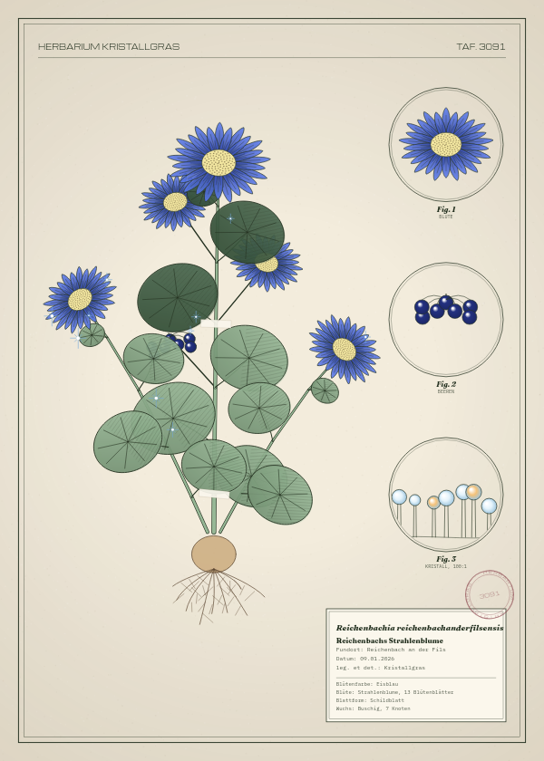 Botanische Tafel: Reichenbachia reichenbachanderfilsensis, eine erfundene Pflanze aus Reichenbach an der Fils, gezeichnet wie in einem alten Pflanzenatlas