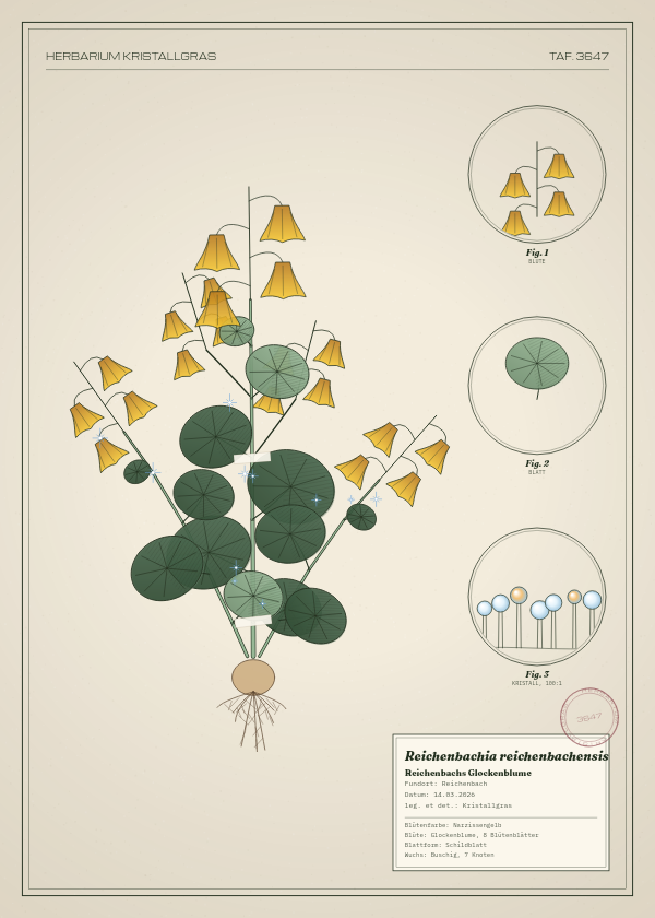 Botanische Tafel: Reichenbachia reichenbachensis, eine erfundene Pflanze aus Reichenbach, gezeichnet wie in einem alten Pflanzenatlas