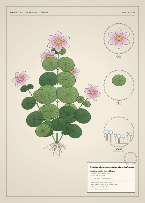 Botanische Tafel: Reichenbachia reichenbacholensis, eine erfundene Pflanze aus Reichenbach/O.L., gezeichnet wie in einem alten Pflanzenatlas
