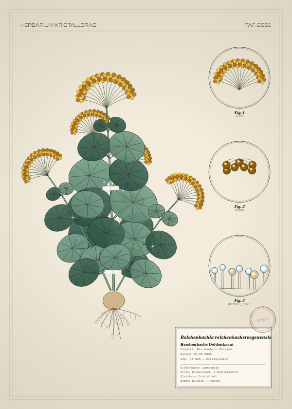 Botanische Tafel: Reichenbachia reichenbachsteegenensis, eine erfundene Pflanze aus Reichenbach-Steegen, gezeichnet wie in einem alten Pflanzenatlas