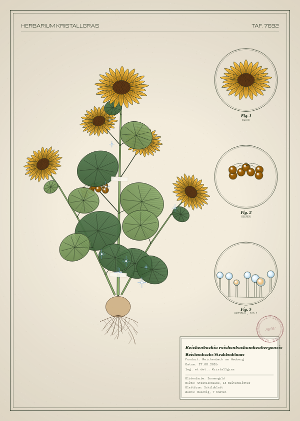 Botanische Tafel: Reichenbachia reichenbachamheubergensis, eine erfundene Pflanze aus Reichenbach am Heuberg, gezeichnet wie in einem alten Pflanzenatlas