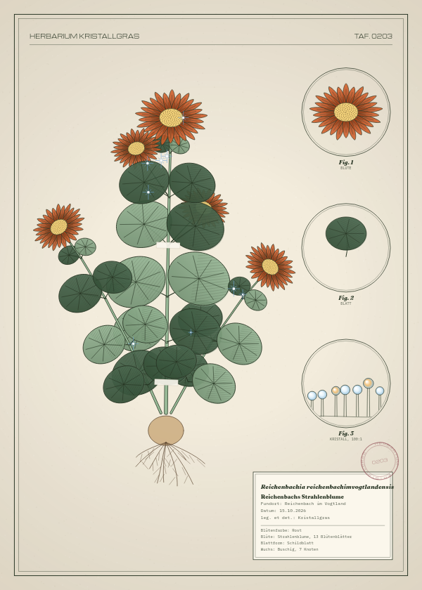 Botanische Tafel: Reichenbachia reichenbachimvogtlandensis, eine erfundene Pflanze aus Reichenbach im Vogtland, gezeichnet wie in einem alten Pflanzenatlas