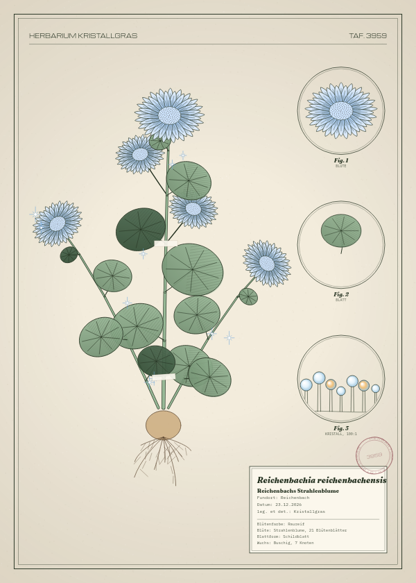 Botanische Tafel: Reichenbachia reichenbachensis, eine erfundene Pflanze aus Reichenbach, gezeichnet wie in einem alten Pflanzenatlas