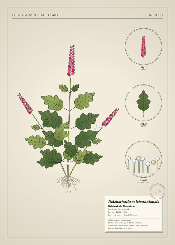 Botanische Tafel: Reichsthalia reichsthalensis, eine erfundene Pflanze aus Reichsthal, gezeichnet wie in einem alten Pflanzenatlas