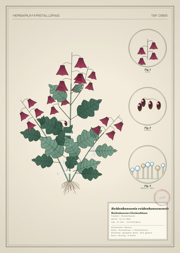 Botanische Tafel: Reidenhausenia reidenhausenensis, eine erfundene Pflanze aus Reidenhausen, gezeichnet wie in einem alten Pflanzenatlas