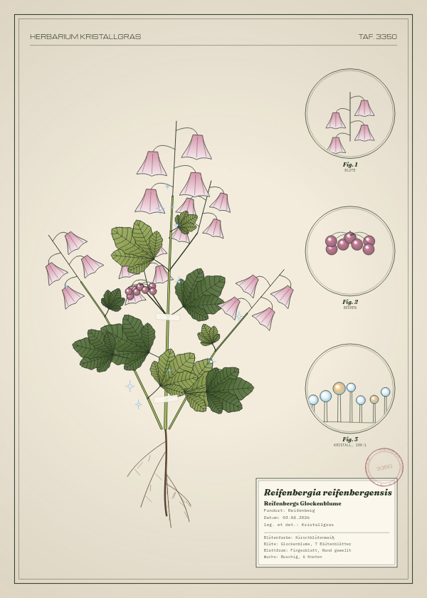 Botanische Tafel: Reifenbergia reifenbergensis, eine erfundene Pflanze aus Reifenberg, gezeichnet wie in einem alten Pflanzenatlas