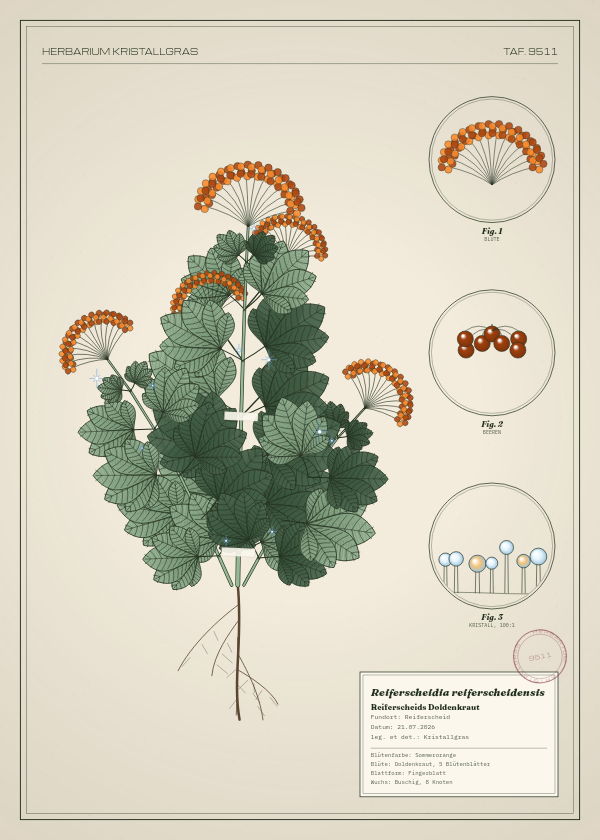 Botanische Tafel: Reiferscheidia reiferscheidensis, eine erfundene Pflanze aus Reiferscheid, gezeichnet wie in einem alten Pflanzenatlas