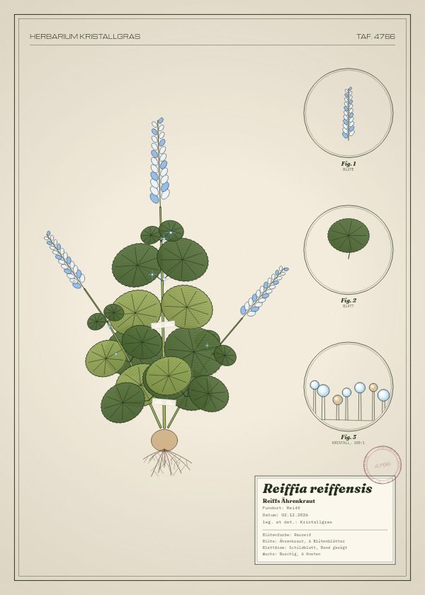 Botanische Tafel: Reiffia reiffensis, eine erfundene Pflanze aus Reiff, gezeichnet wie in einem alten Pflanzenatlas