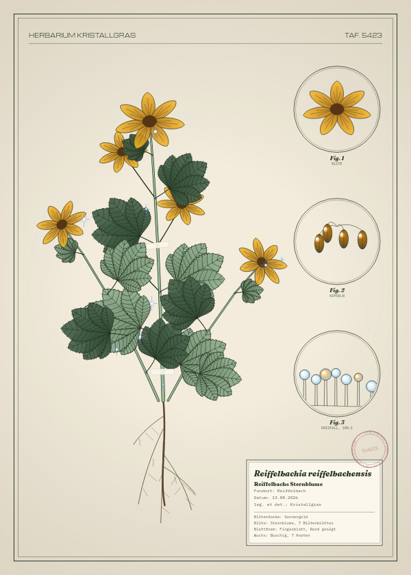 Botanische Tafel: Reiffelbachia reiffelbachensis, eine erfundene Pflanze aus Reiffelbach, gezeichnet wie in einem alten Pflanzenatlas