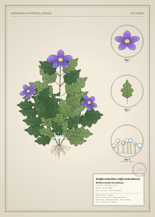 Botanische Tafel: Reifferscheidia reifferscheidensis, eine erfundene Pflanze aus Reifferscheid, gezeichnet wie in einem alten Pflanzenatlas