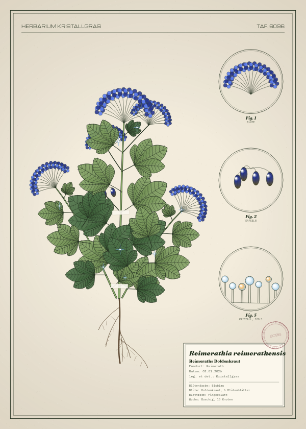 Botanische Tafel: Reimerathia reimerathensis, eine erfundene Pflanze aus Reimerath, gezeichnet wie in einem alten Pflanzenatlas