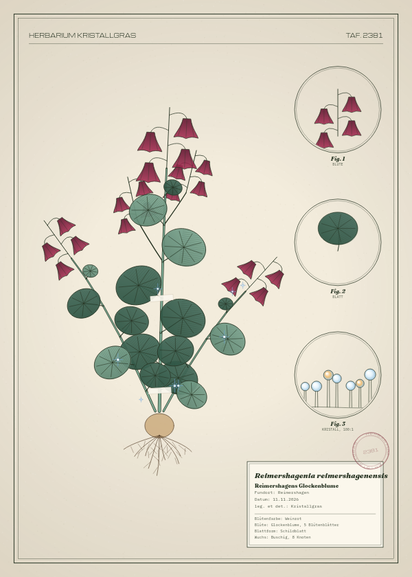 Botanische Tafel: Reimershagenia reimershagenensis, eine erfundene Pflanze aus Reimershagen, gezeichnet wie in einem alten Pflanzenatlas