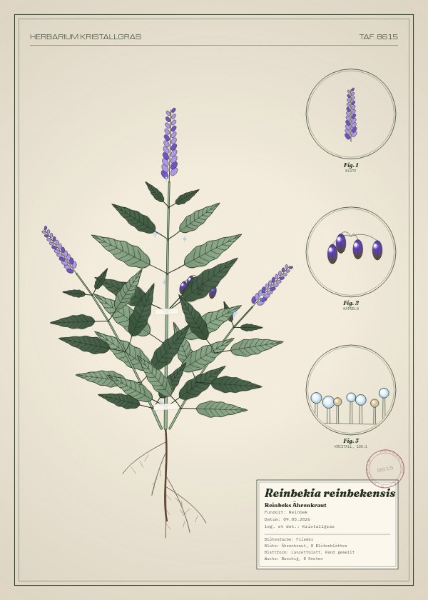 Botanische Tafel: Reinbekia reinbekensis, eine erfundene Pflanze aus Reinbek, gezeichnet wie in einem alten Pflanzenatlas