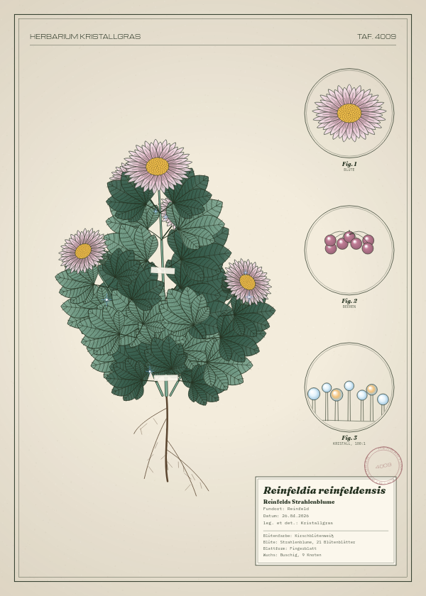 Botanische Tafel: Reinfeldia reinfeldensis, eine erfundene Pflanze aus Reinfeld, gezeichnet wie in einem alten Pflanzenatlas