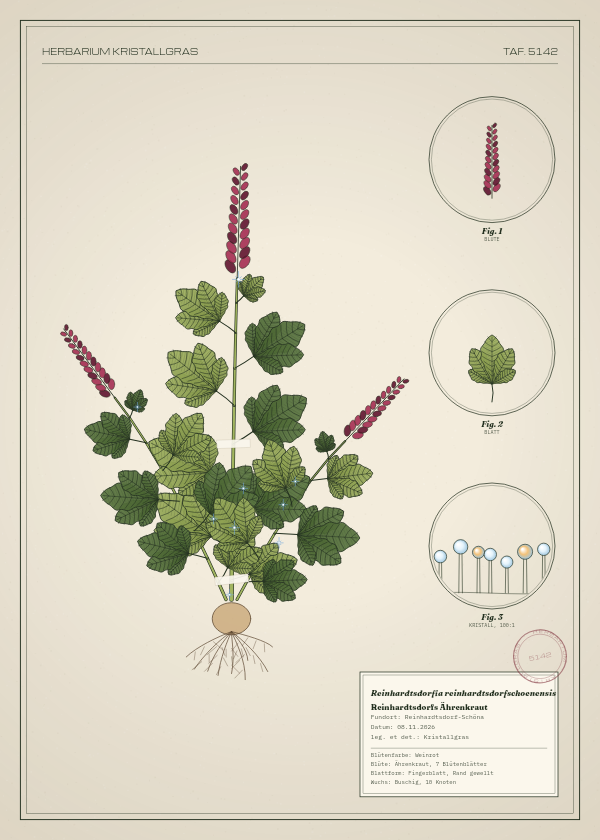 Botanische Tafel: Reinhardtsdorfia reinhardtsdorfschoenensis, eine erfundene Pflanze aus Reinhardtsdorf-Schöna, gezeichnet wie in einem alten Pflanzenatlas