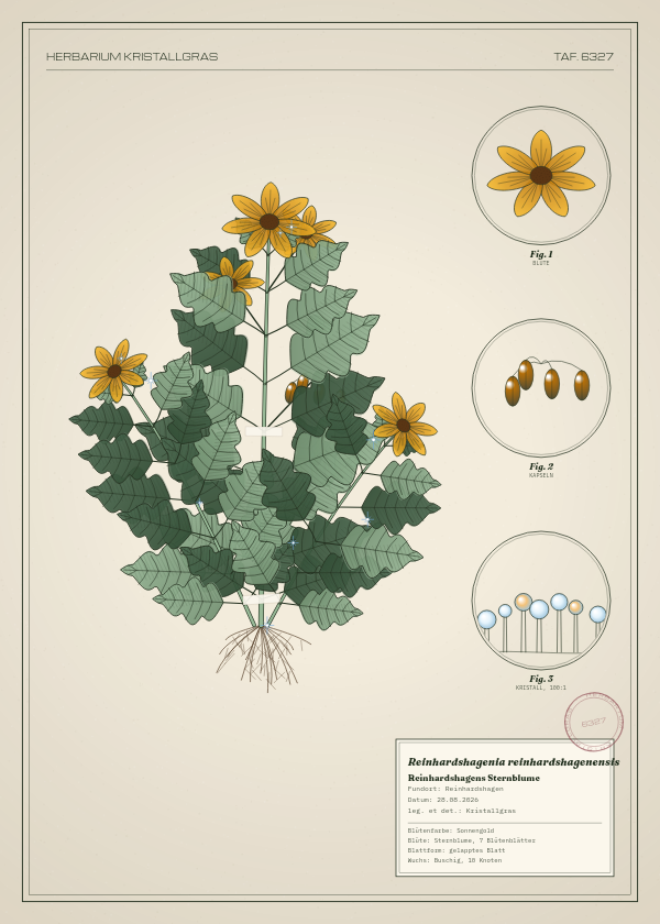 Botanische Tafel: Reinhardshagenia reinhardshagenensis, eine erfundene Pflanze aus Reinhardshagen, gezeichnet wie in einem alten Pflanzenatlas