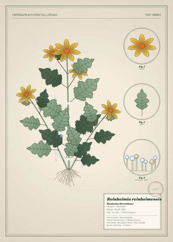 Botanische Tafel: Reinheimia reinheimensis, eine erfundene Pflanze aus Reinheim, gezeichnet wie in einem alten Pflanzenatlas