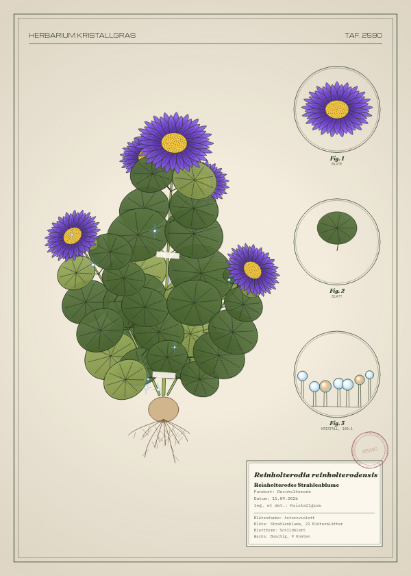 Botanische Tafel: Reinholterodia reinholterodensis, eine erfundene Pflanze aus Reinholterode, gezeichnet wie in einem alten Pflanzenatlas