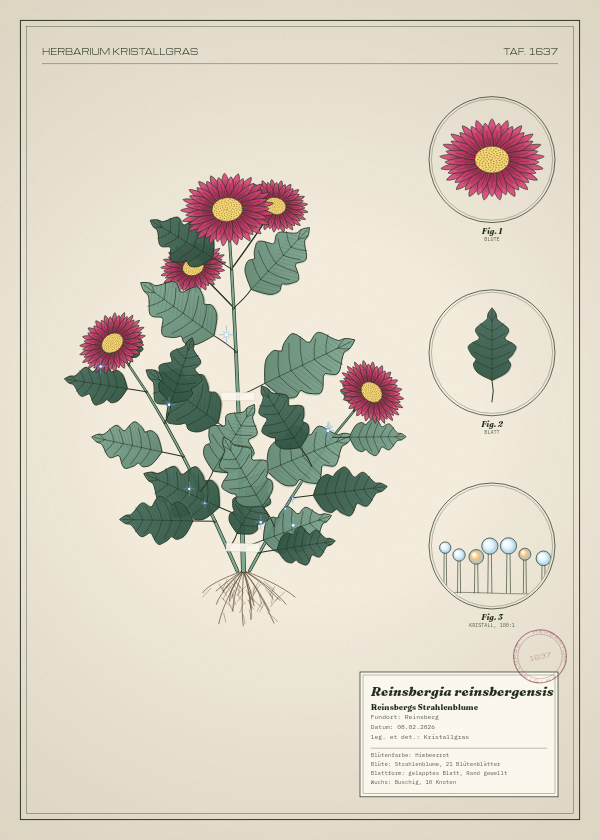 Botanische Tafel: Reinsbergia reinsbergensis, eine erfundene Pflanze aus Reinsberg, gezeichnet wie in einem alten Pflanzenatlas