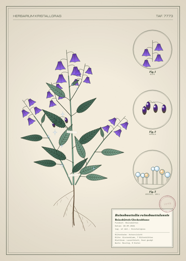 Botanische Tafel: Reinsbuettelia reinsbuettelensis, eine erfundene Pflanze aus Reinsbüttel, gezeichnet wie in einem alten Pflanzenatlas