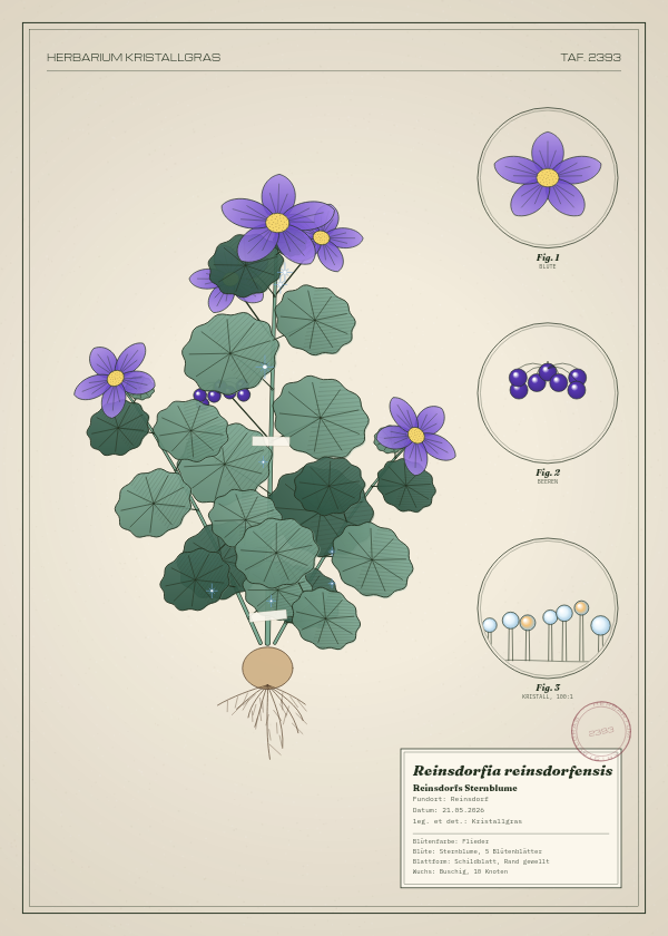 Botanische Tafel: Reinsdorfia reinsdorfensis, eine erfundene Pflanze aus Reinsdorf, gezeichnet wie in einem alten Pflanzenatlas