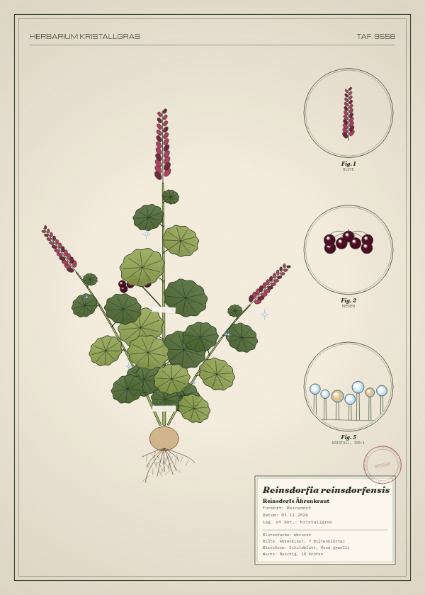 Botanische Tafel: Reinsdorfia reinsdorfensis, eine erfundene Pflanze aus Reinsdorf, gezeichnet wie in einem alten Pflanzenatlas