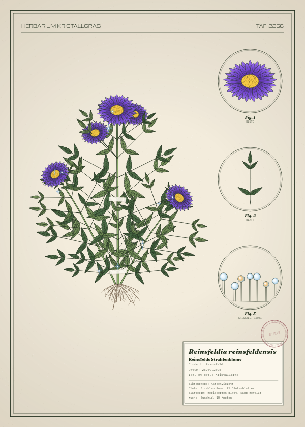 Botanische Tafel: Reinsfeldia reinsfeldensis, eine erfundene Pflanze aus Reinsfeld, gezeichnet wie in einem alten Pflanzenatlas