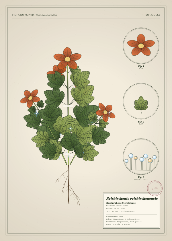 Botanische Tafel: Reiskirchenia reiskirchenensis, eine erfundene Pflanze aus Reiskirchen, gezeichnet wie in einem alten Pflanzenatlas