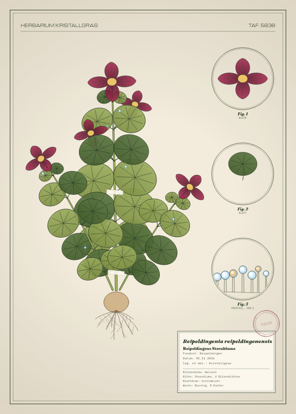 Botanische Tafel: Reipeldingenia reipeldingenensis, eine erfundene Pflanze aus Reipeldingen, gezeichnet wie in einem alten Pflanzenatlas