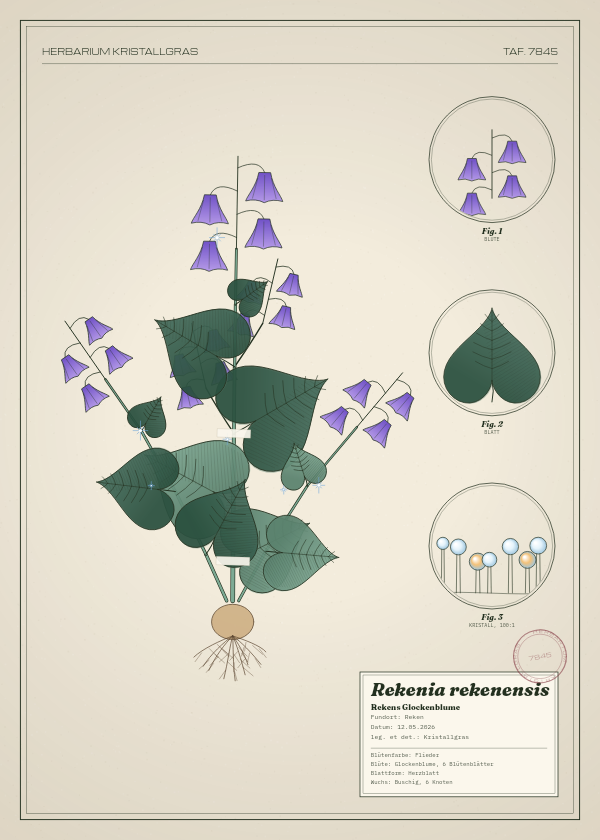 Botanische Tafel: Rekenia rekenensis, eine erfundene Pflanze aus Reken, gezeichnet wie in einem alten Pflanzenatlas